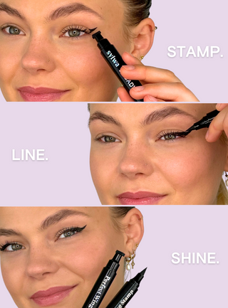 Anwendung des Sylwa Perfect Wing Stamp Eyeliner: Schritt 1: Stempel für den perfekten Wing, Schritt 2: Präziser Lidstrich mit der Felt-Tip-Spitze, Schritt 3: Fertiger Look mit glänzendem Finish. Einfach anzuwenden für einen makellosen Augenaufschlag.