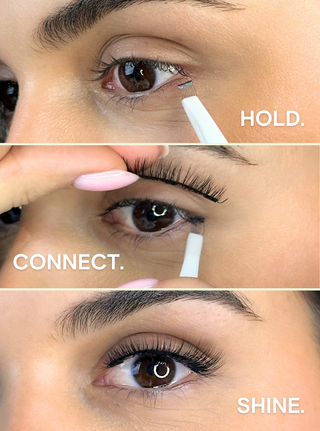 Anwendung des Sylwa Magnetwimpern-Stils: Schritt 1: Hold – Eyeliner auftragen, Schritt 2: Connect – Wimpern mit dem Eyeliner verbinden, Schritt 3: Shine – Perfekter, glänzender Look für den ultimativen Augenaufschlag.