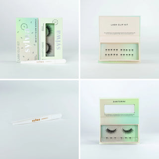 Collage des Sylwa Startersets mit allen enthaltenen Produkten: Lash Clip Kit mit 20 magnetischen Ersatz-Clips, weiße Kunststoffpinzette und magnetische Wimpern im Modell nach Wahl. Perfekt für individuelle Wimpernlooks und einfache Anwendung.