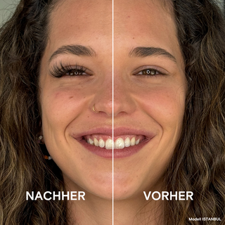 Vergleichsbild eines Gesichts: linke Seite mit dem Istanbul-Magnetwimpern-Stil für extra voluminöse und geschwungene Wimpern, rechte Seite ohne Magnetwimpern.