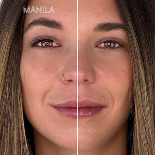 Vergleichsbild eines Gesichts: linke Seite mit dem Manila-Magnetwimpern-Stil für einen super natürlichen Doll-Eye-Look – ideal für den beliebten No-Makeup-Makeup-Look mit sanft betonten, leicht geöffneten Augen. Rechte Seite ohne Magnetwimpern. Perfekt für alle, die einen dezenten, aber frischen und strahlenden Blick mit veganen, wiederverwendbaren Wimpern wünschen.