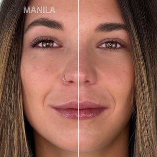 Vergleichsbild eines Gesichts: linke Seite mit dem Manila-Magnetwimpern-Stil für einen super natürlichen Doll-Eye-Look – ideal für den beliebten No-Makeup-Makeup-Look mit sanft betonten, leicht geöffneten Augen. Rechte Seite ohne Magnetwimpern. Perfekt für alle, die einen dezenten, aber frischen und strahlenden Blick mit veganen, wiederverwendbaren Wimpern wünschen.