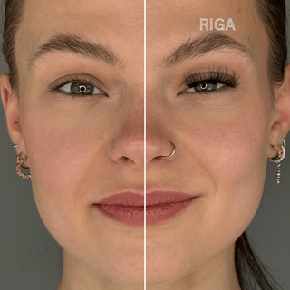 Vergleichsbild eines Gesichts: rechte Seite mit dem Riga-Magnetwimpern-Stil für einen natürlichen Doll-Eye-Look – ideal für den beliebten No-Makeup-Makeup-Look mit stark geschwungene Wimpernhärchen. Linke Seite ohne Magnetwimpern. Perfekt für alle, die einen dezenten, aber frischen und strahlenden Blick mit veganen, wiederverwendbaren Wimpern wünschen.
