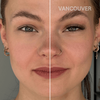 Vergleichsbild eines Gesichts: rechte Seite mit dem Vancouver-Magnetwimpern-Stil für einen natürlichen Cat-Eye-Look mit braunen Wimpern – ideal für den beliebten No-Makeup-Makeup-Look. Linke Seite ohne Magnetwimpern. Perfekt für alle, die einen dezenten, aber frischen und strahlenden Blick mit veganen, wiederverwendbaren Wimpern wünschen.